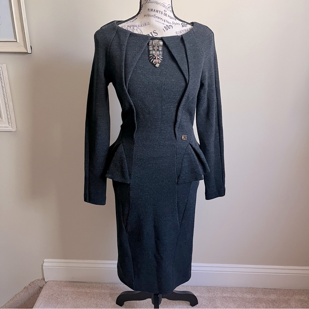 Class Roberto Cavalli Bateau Neck Wool Blend Peplum Long Sleeve Dress Gray Sz 8
